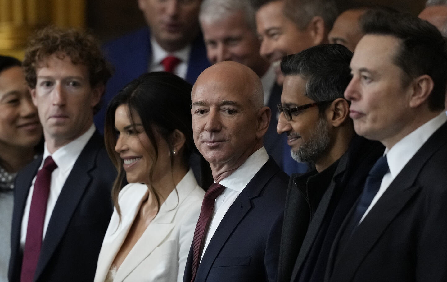 Radicalised vectoralist class - Guests including Mark Zuckerberg, Lauren Sanchez, Jeff Bezos, Sundar Pichai and Elon Musk attend the Inauguration of Donald J. Trump in the U.S. Capitol Rotunda, on January 20, 2025. (Julia Demaree Nikhinson – Pool / Getty Images)