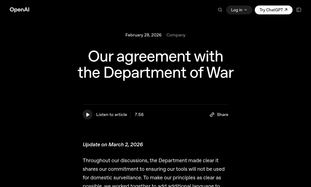 Our agreement with the Department of War, OpenAI, 28th Feb. 2026 (update on 2nd March) https://openai.com/index/our-agreement-with-the-department-of-war